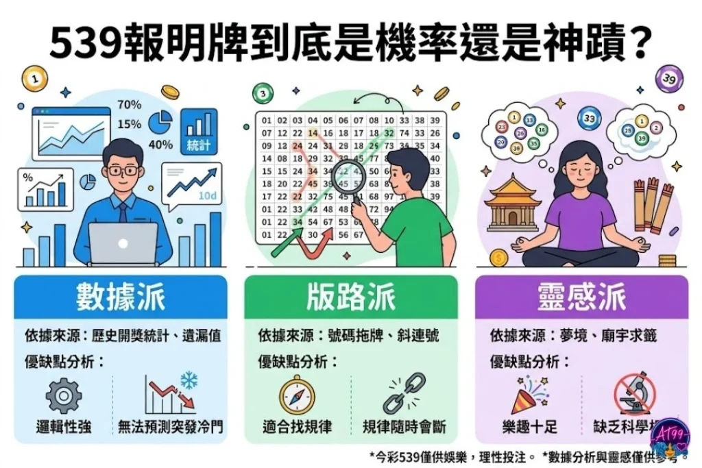 539 報明牌分析：數據派、規律派與直覺派的預測工具比較。