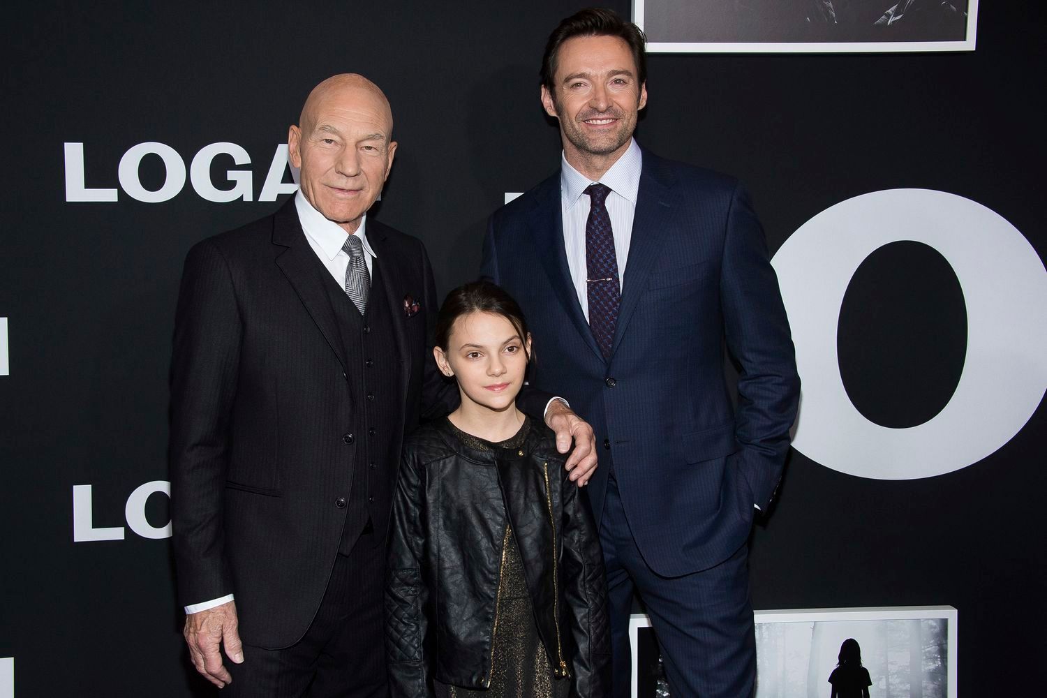 Patrick Stewart from left Dafne Keen and Hugh Jackman attend a screening of Logan at Jazz at Lincoln Center's Frederick...