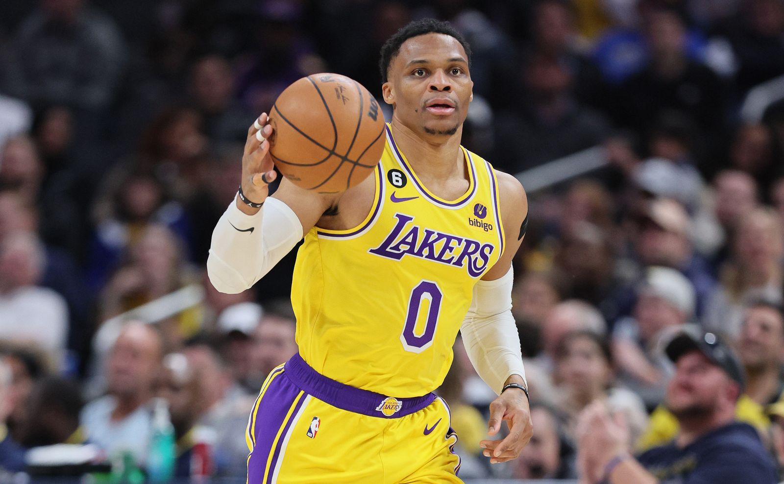 INDIANAPOLIS INDIANA FEBRUARY 02 Russell Westbrook 0 of the Los Angeles Lakers during the game against the Indiana...