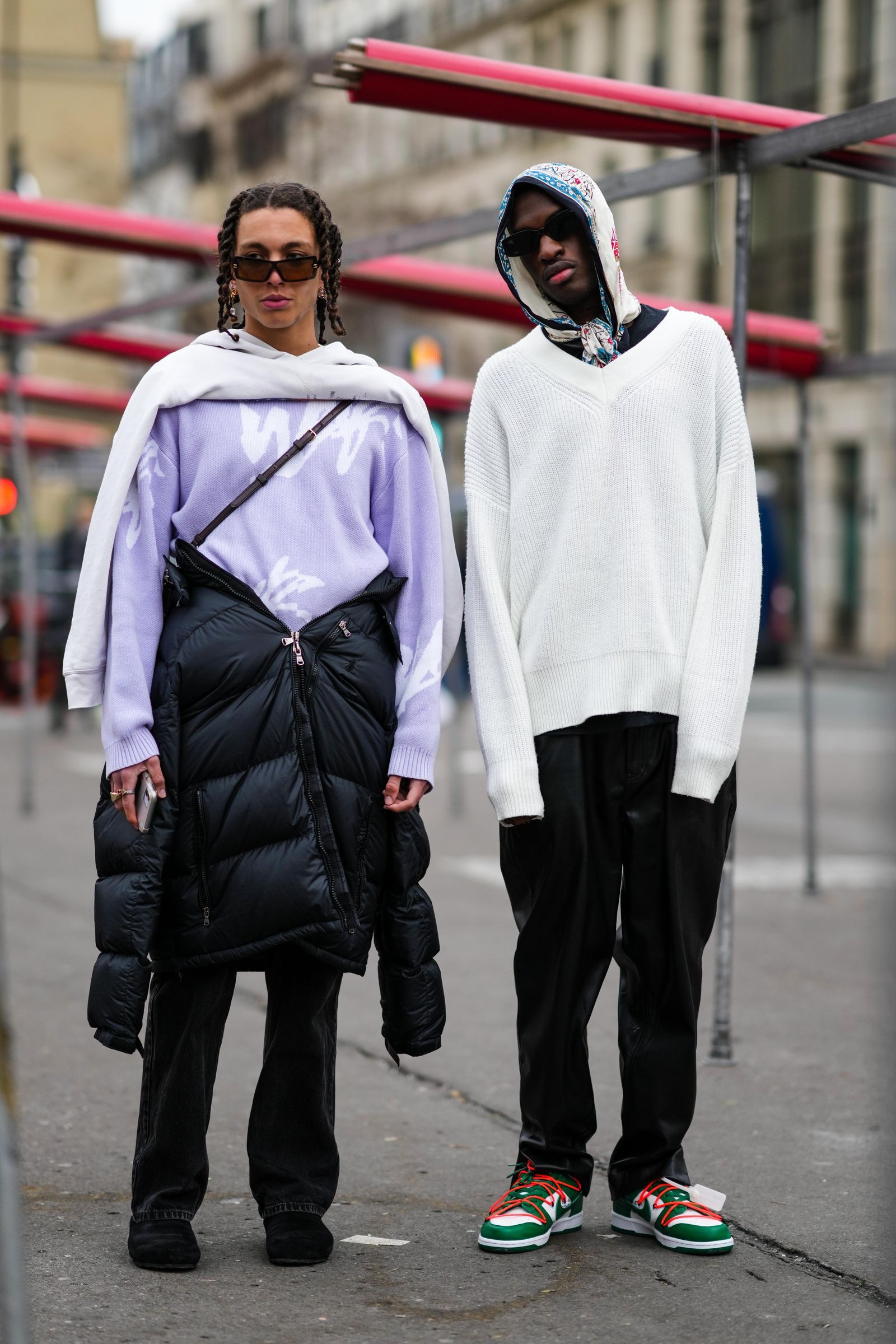 PARIS FRANCE  JANUARY 19 A guest  wears sunglasses a white hoodie sweater a pale purple with white inscription print...
