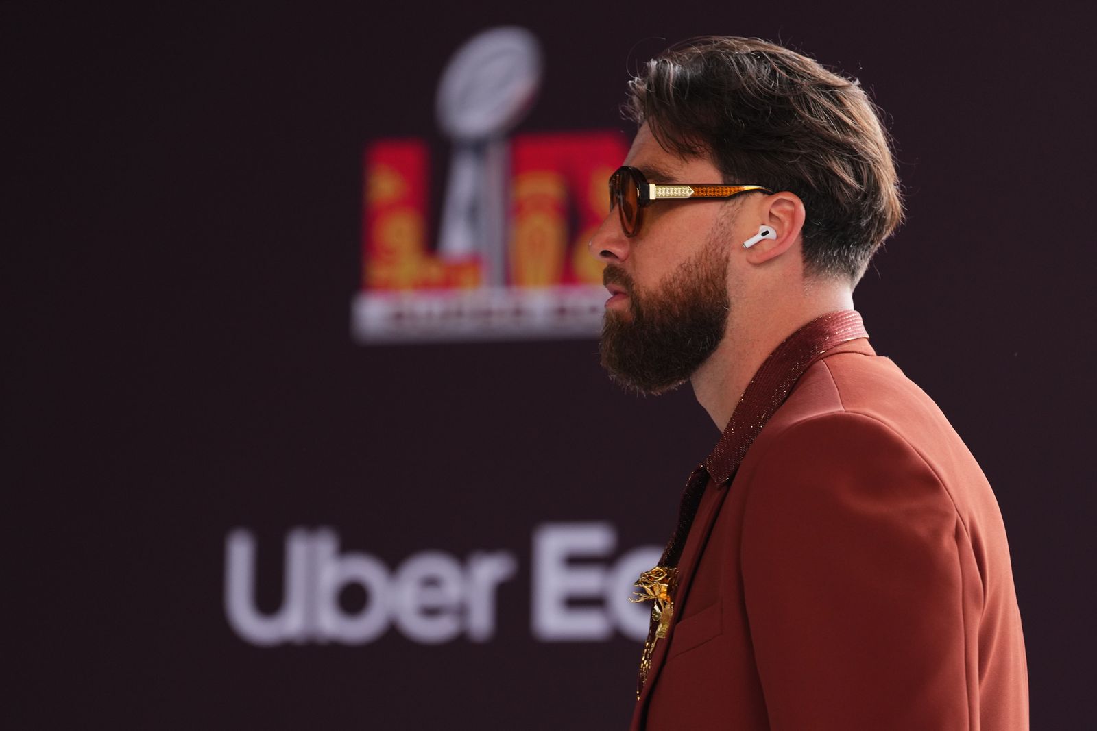 NEW ORLEANS LA  FEBRUARY 09 Travis Kelce 87 of the Kansas City Chiefs arrives prior to Super Bowl LIX against the...