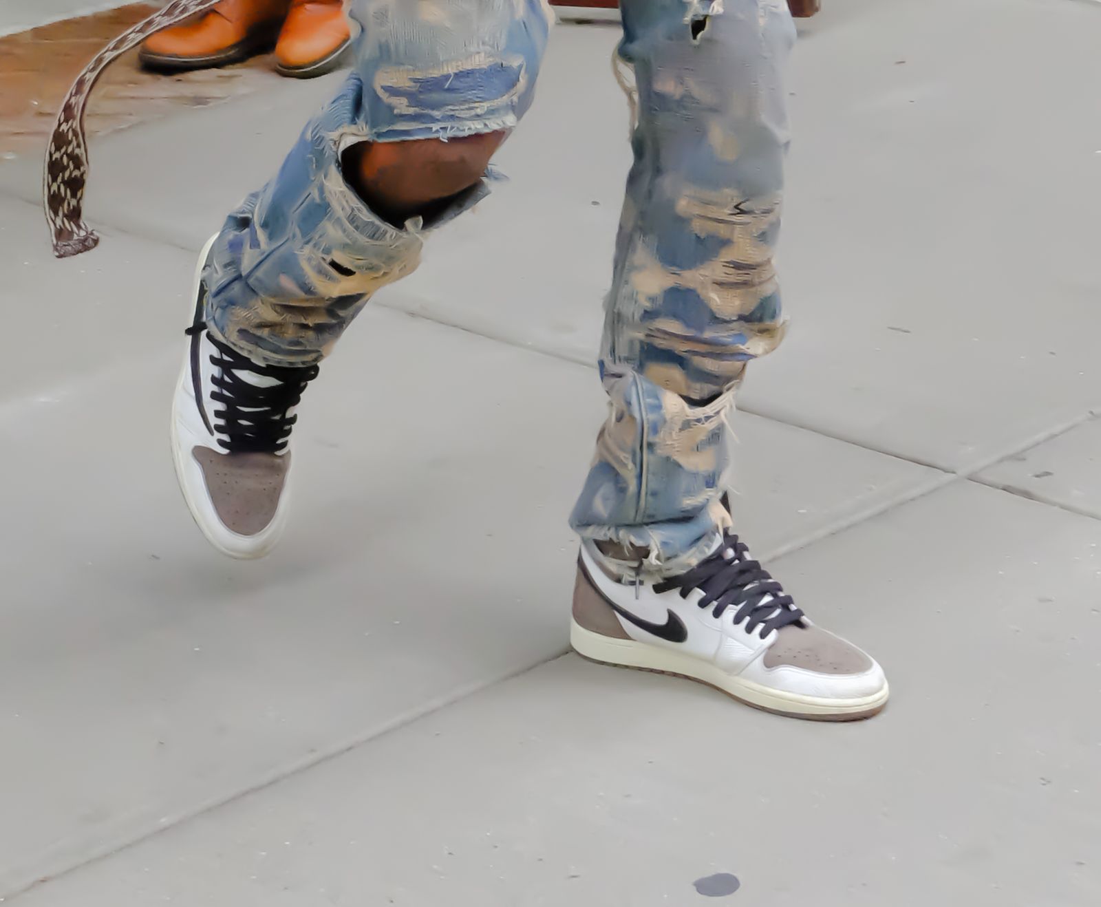 NEW YORK NY  JULY 08  Travis Scott shoe detail is seen in walking out of a hotel in SoHo on July 8 2021 in New York City.