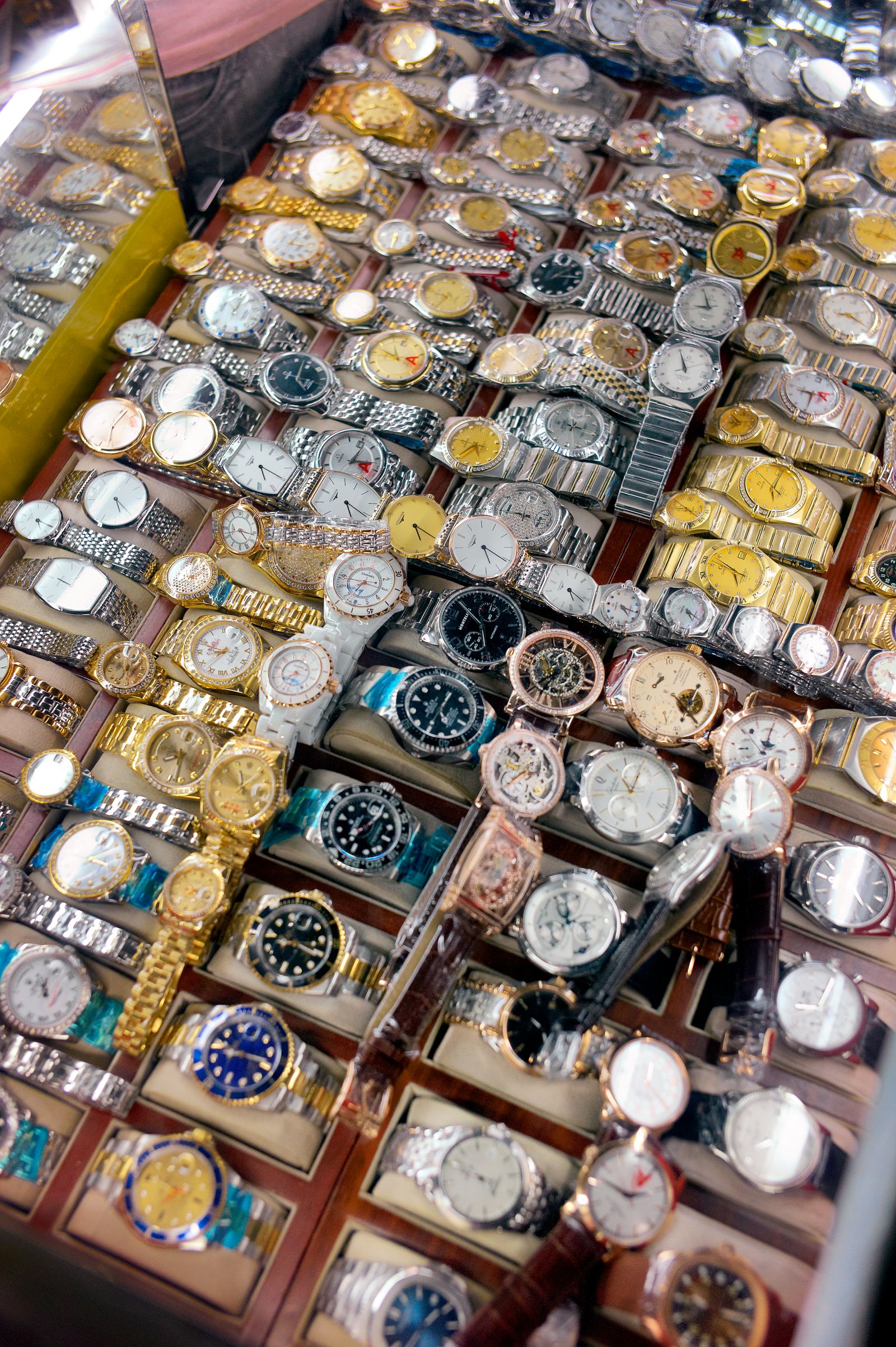 Fake watches for sale in Shenzhen China. Most of the labels are fake names.