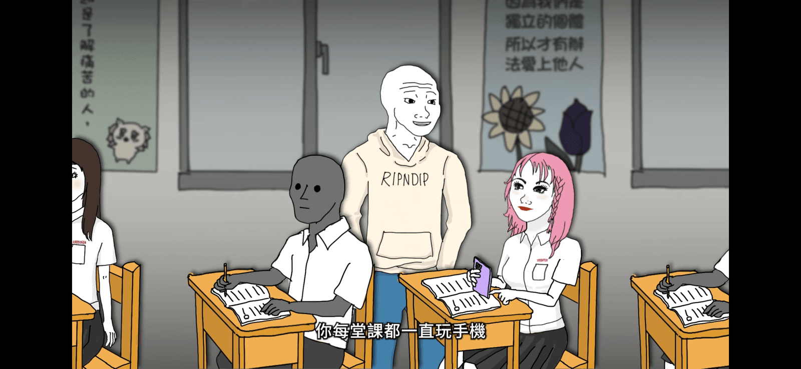 Eric Duan以「Wojak」迷因人物與AI語音進行動畫創作。（圖片翻攝自YouTube頻道「Eric Duan」）