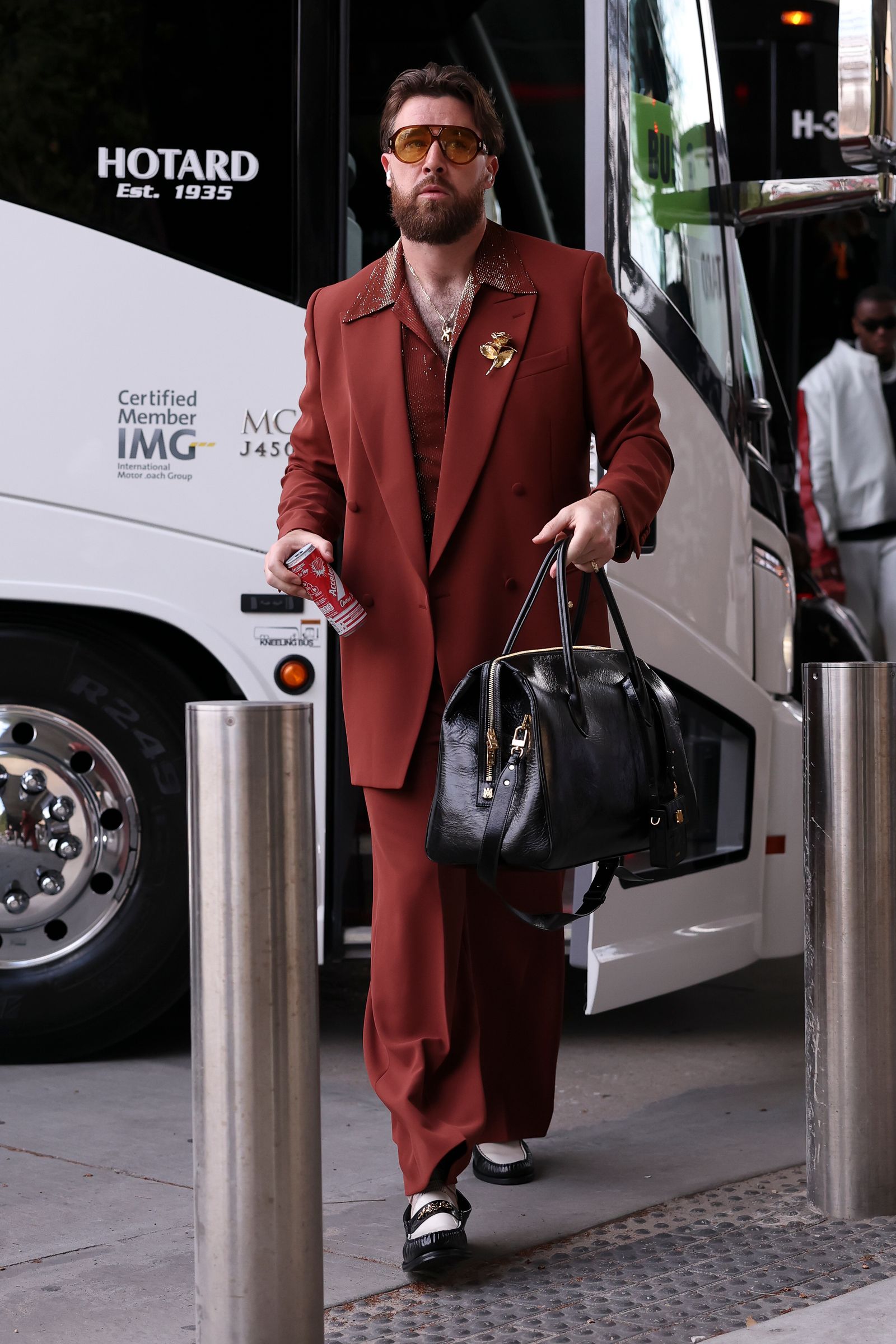 NEW ORLEANS LOUISIANA  FEBRUARY 09 Travis Kelce  of the Kansas City Chiefs arrives prior to Super Bowl LIX against the...