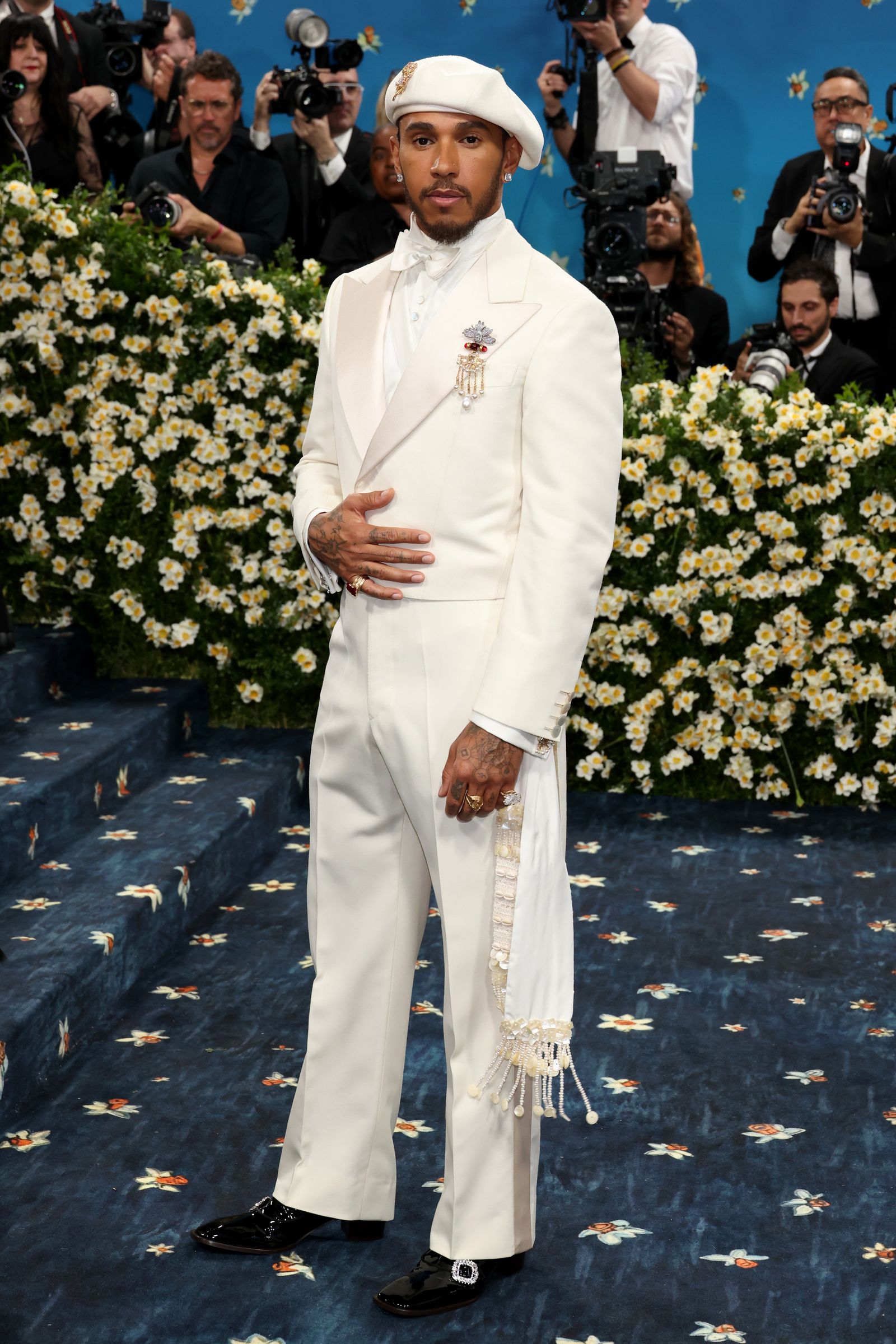 NEW YORK NEW YORK  MAY 05 Met Gala CoChair Lewis Hamilton attends the 2025 Met Gala Celebrating Superfine Tailoring...