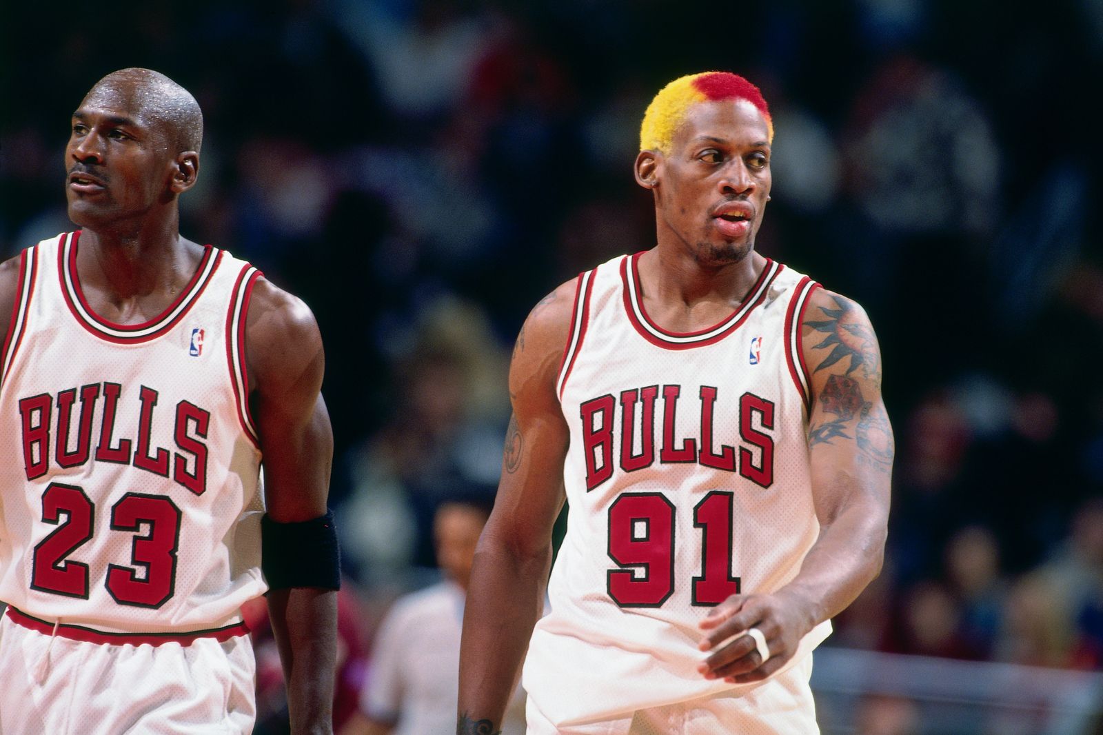 Michael Jordan與Dennis Rodman一同締造90年代NBA三連霸的公牛王朝。（圖片／Getty Images）