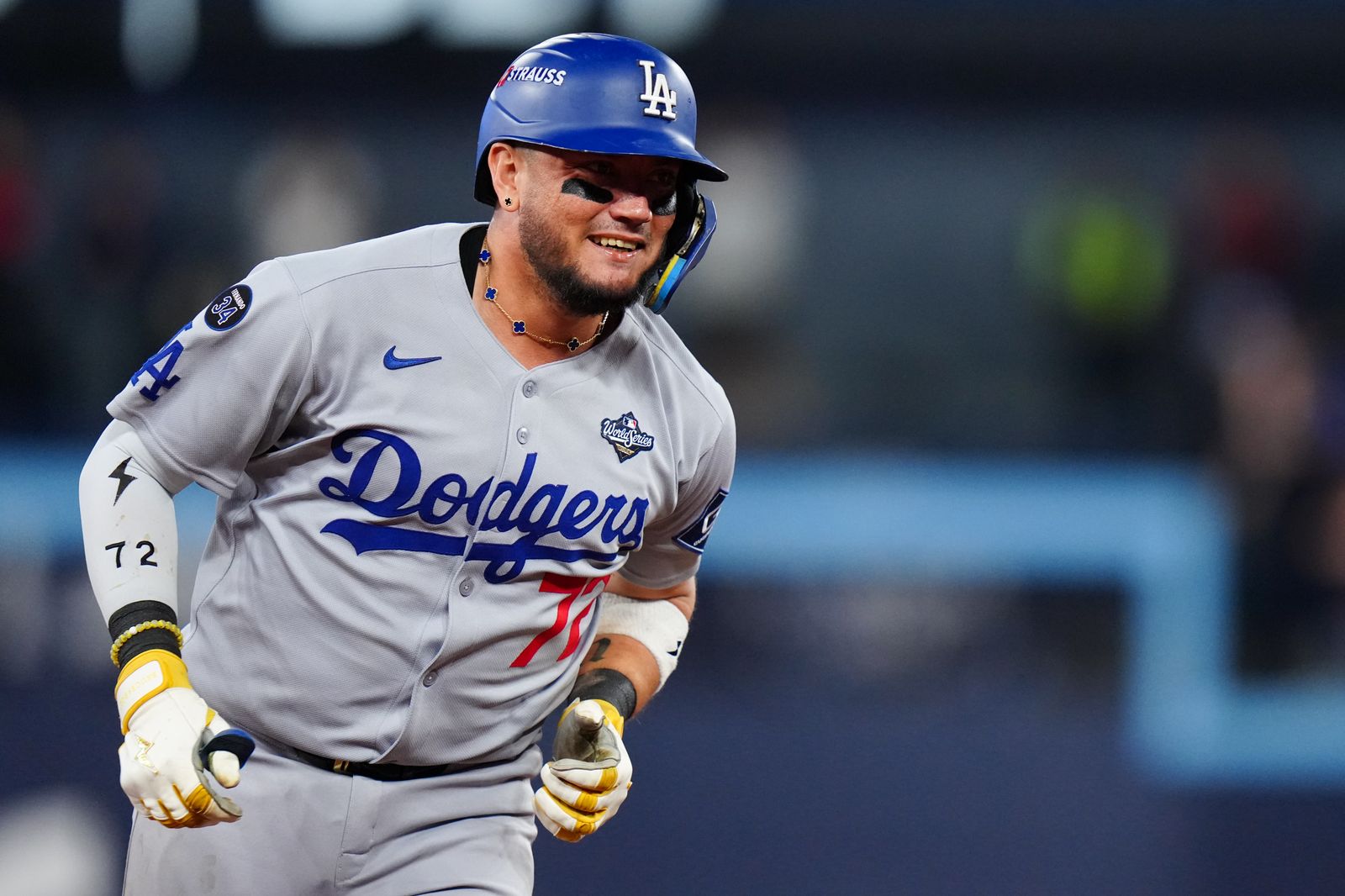 TORONTO ON  NOVEMBER 01   Miguel Rojas 72 of the Los Angeles Dodgers smiles while rounding the bases after hitting a...