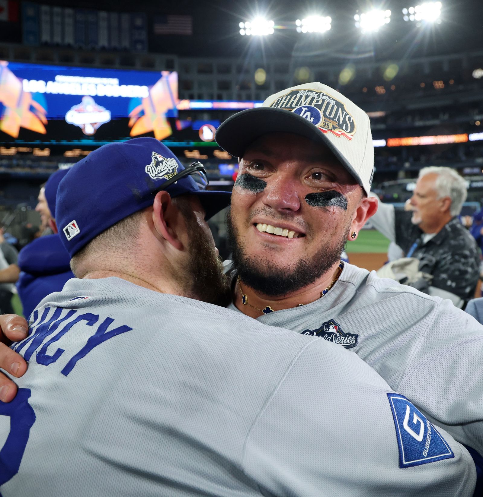 Toronto Ontario Saturday November 1 2025  Los Angeles Dodgers second baseman Miguel Rojas  celebrates with Max Muncy...