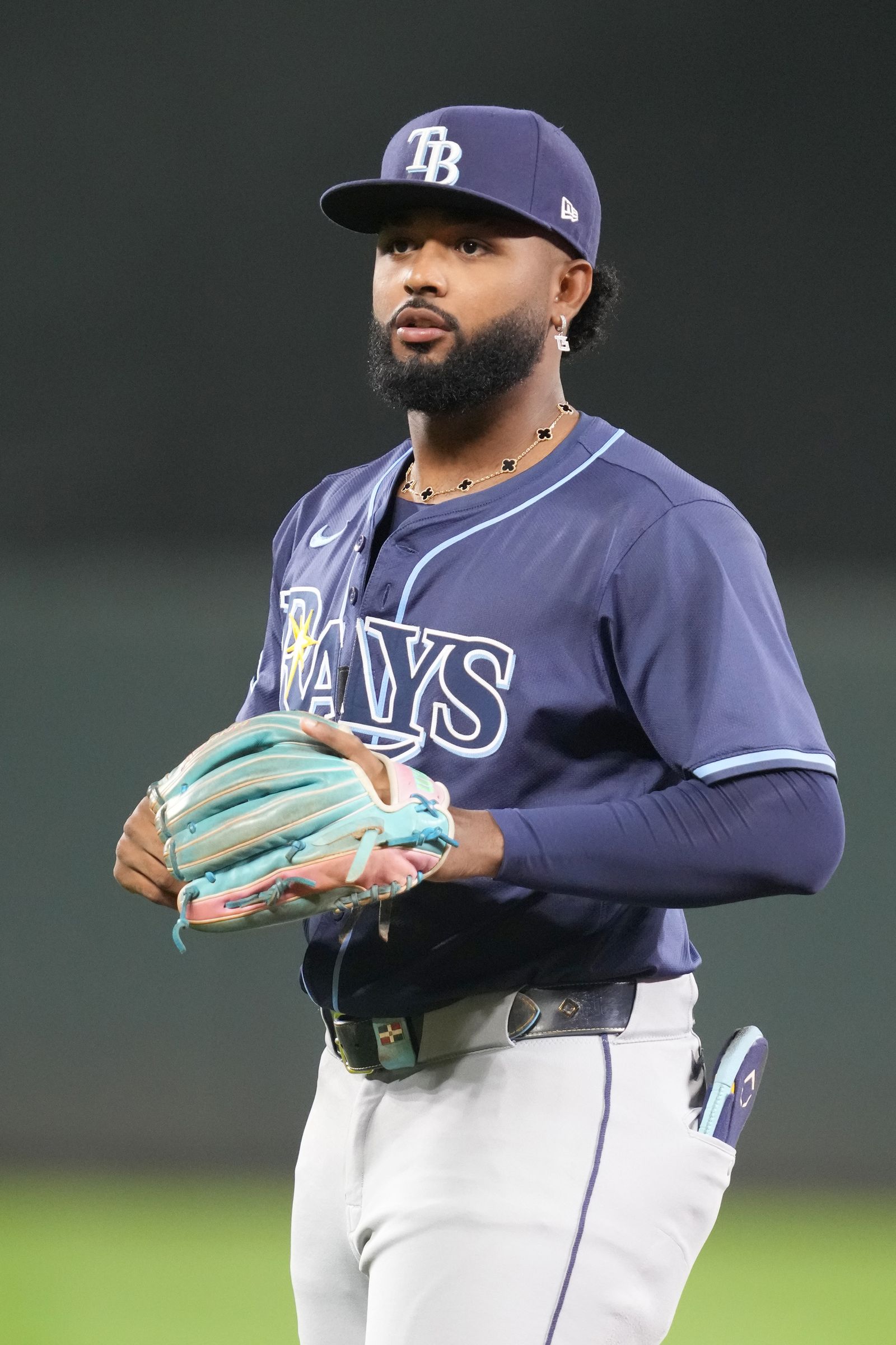 BALTIMORE MD  SEPTEMBER 23  Junior Caminero 13 of the Tampa Bay Rays warms up before a baseball game against the...