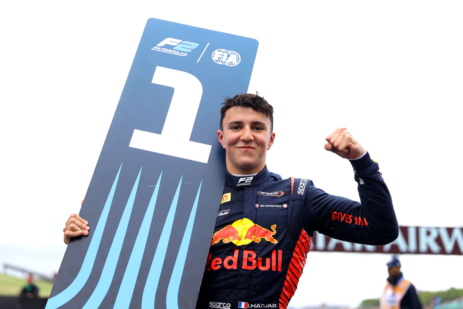 NORTHAMPTON ENGLAND  JULY 07 Race winner Isack Hadjar of France and Campos Racing  celebrates in parc ferme during the...