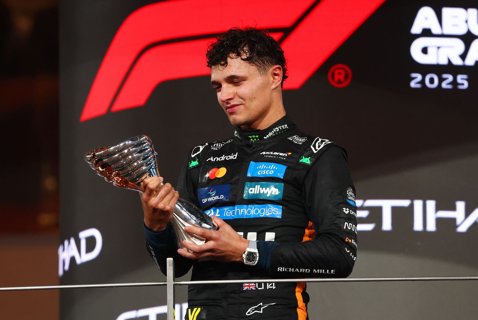 ABU DHABI UNITED ARAB EMIRATES  DECEMBER 07 2025 F1 World Drivers Champion and Third placed Lando Norris of Great...