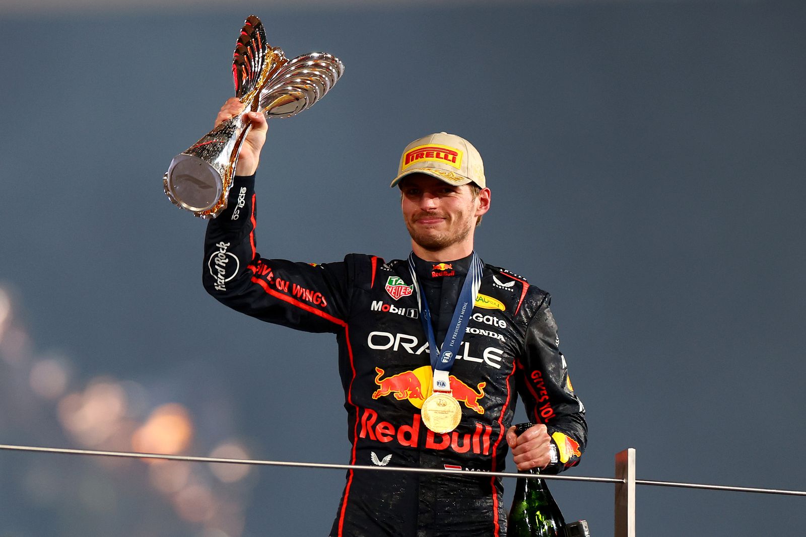 ABU DHABI UNITED ARAB EMIRATES  DECEMBER 07 Race winner Max Verstappen of the Netherlands and Oracle Red Bull Racing...
