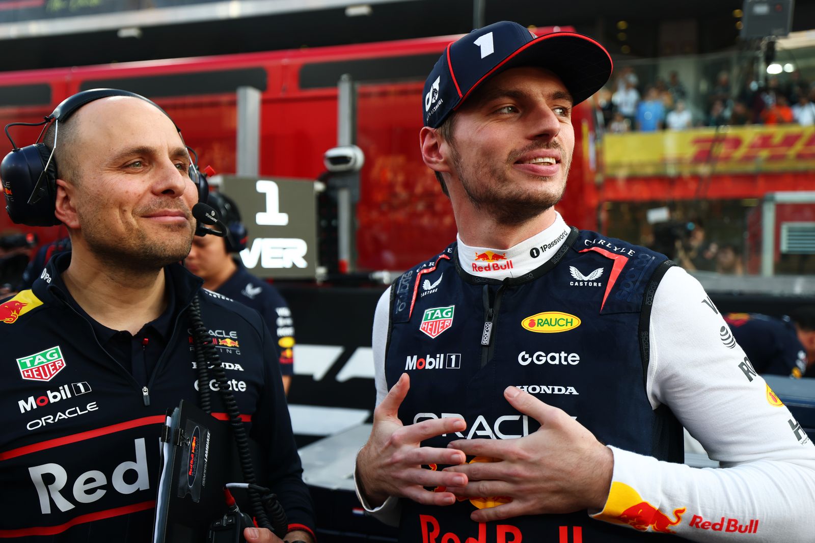 ABU DHABI UNITED ARAB EMIRATES  DECEMBER 07 Gianpiero Lambiase Head of Racing of Oracle Red Bull Racing and Max...