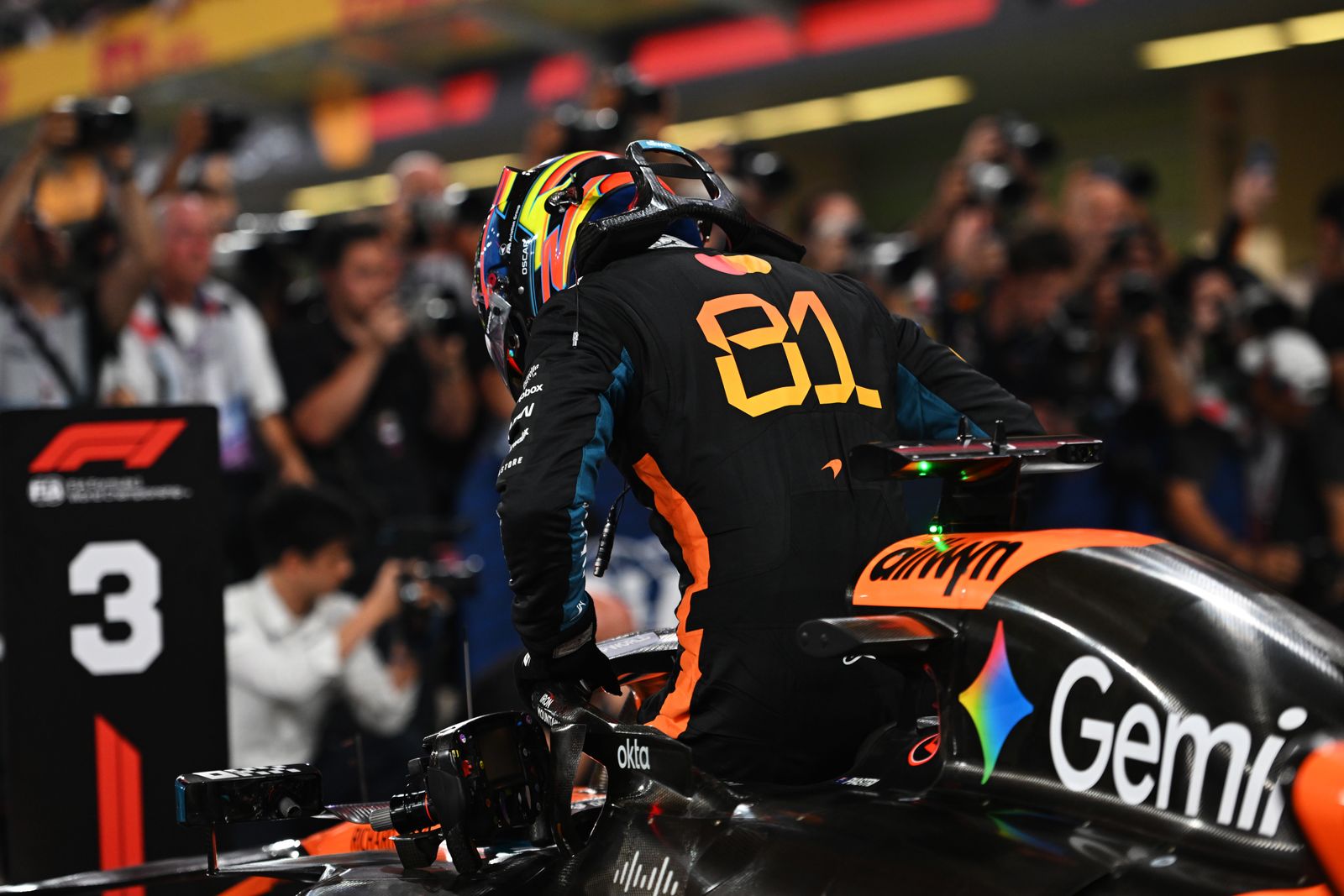 ABU DHABI UNITED ARAB EMIRATES  DECEMBER 06 Third placed qualifier Oscar Piastri of Australia and McLaren arrives in...