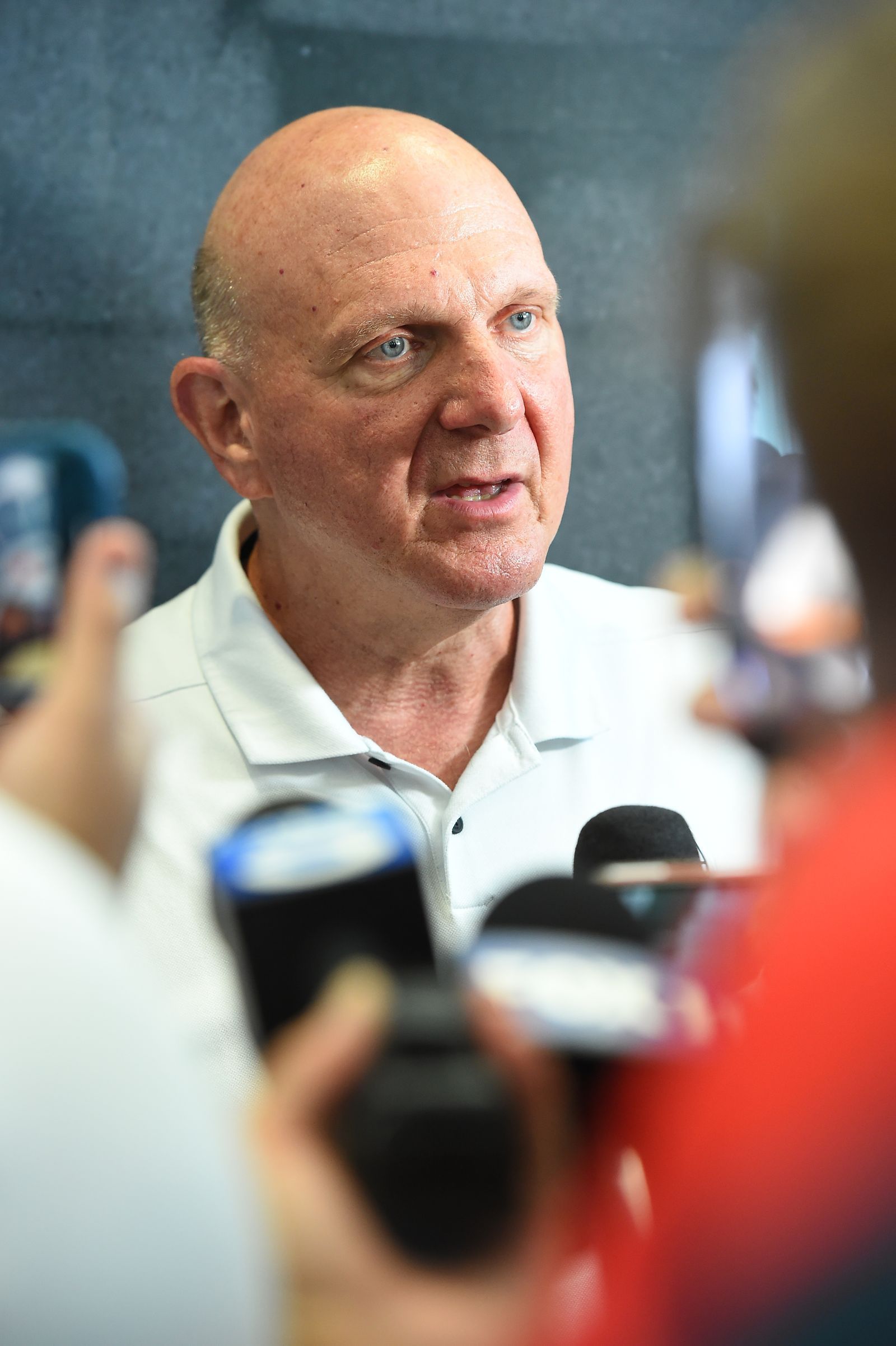 LOS ANGELES CA JUNE 28 Owner Steve Ballmer of the LA Clippers talks to media during the Los Angeles Clippers and City of...