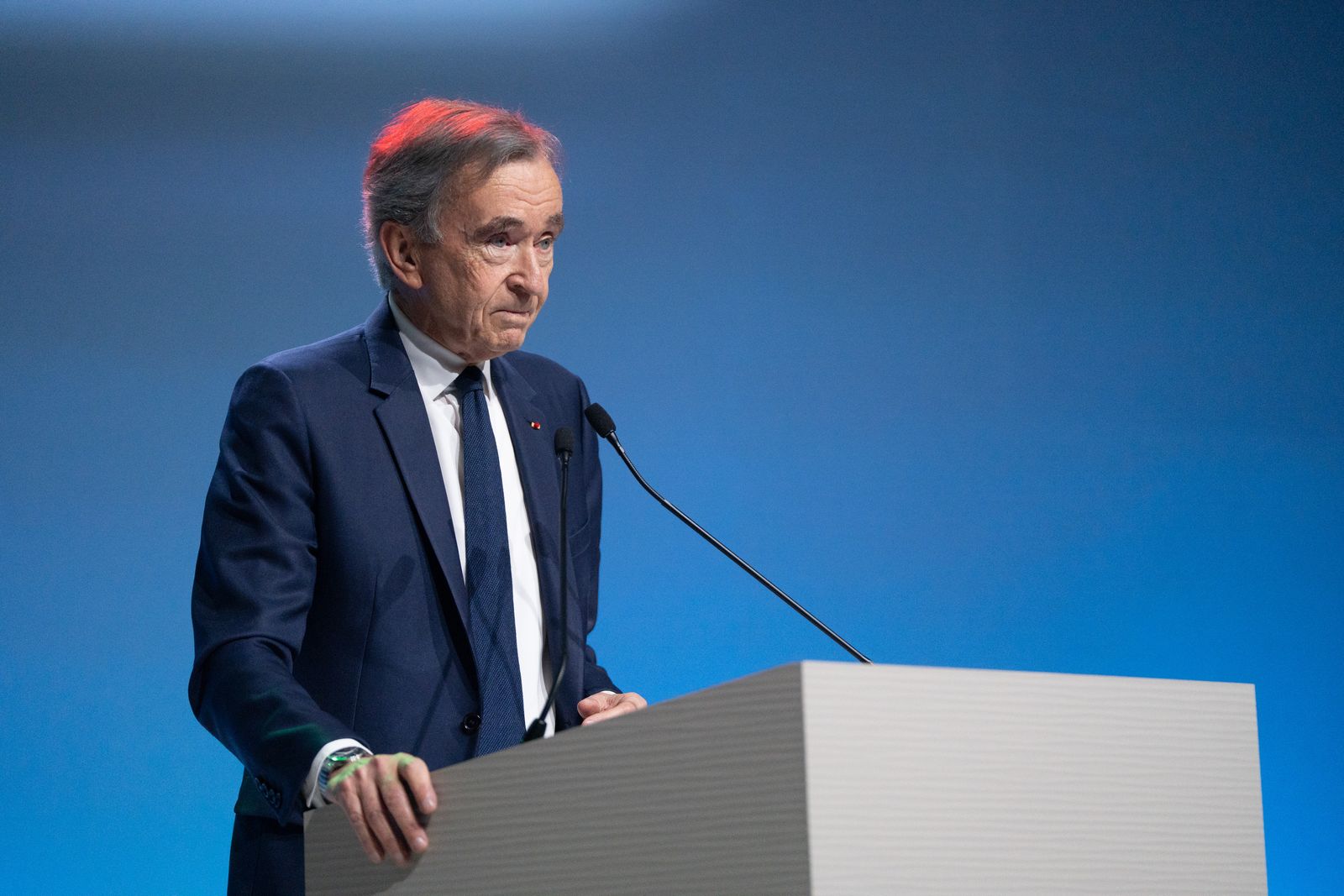 Bernard Arnault billionaire and chairman of LVMH Moet Hennessy Louis Vuitton SE speaks at the LVMH Moet Hennessy Louis...