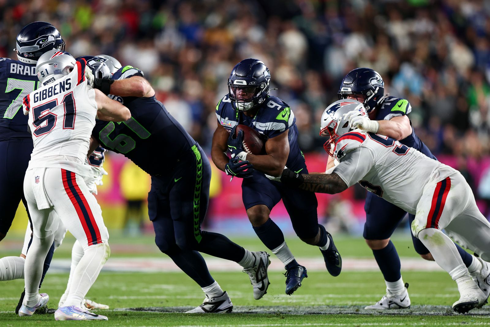 SANTA CLARA CALIFORNIA  FEBRUARY 8 Kenneth Walker III 9 of the Seattle Seahawks runs the ball during the fourth quarter...