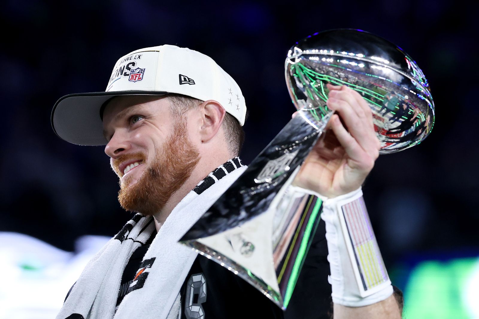 SANTA CLARA CALIFORNIA  FEBRUARY 08 Sam Darnold 14 of the Seattle Seahawks celebrates with the Vince Lombardi Trophy...