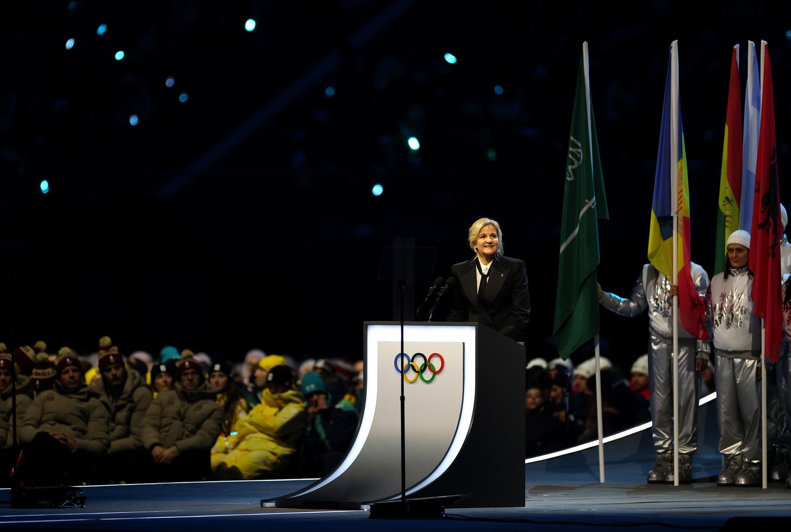 MILAN ITALY  FEBRUARY 06 Kirsty Coventry President of the IOC gives a speech during the opening ceremony of the Milano...