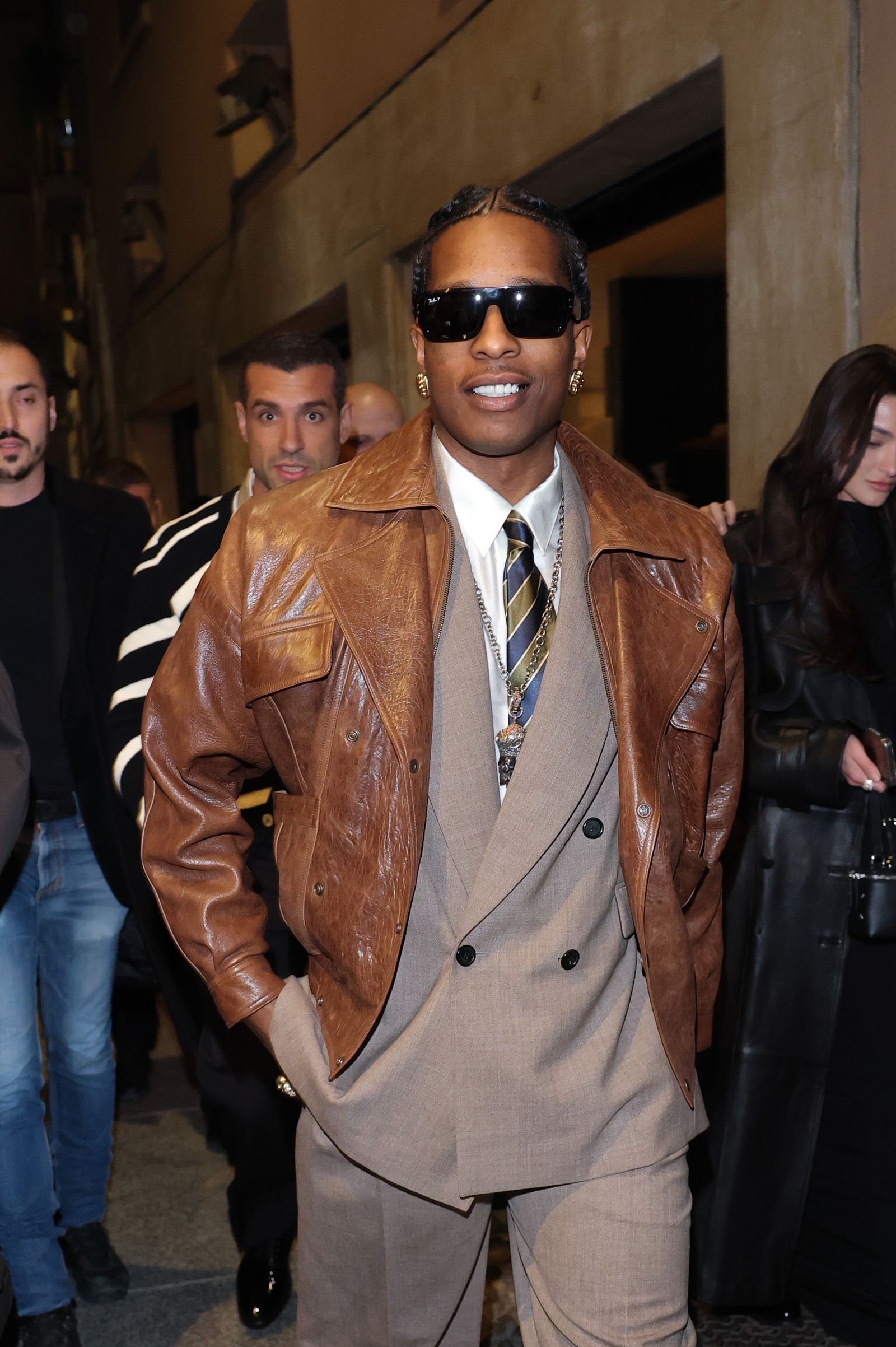 MILAN ITALY  FEBRUARY 27 ASAP Rocky is seen arriving at Rayban for ASAP Rocky dinner during the Milan Fashion Week...