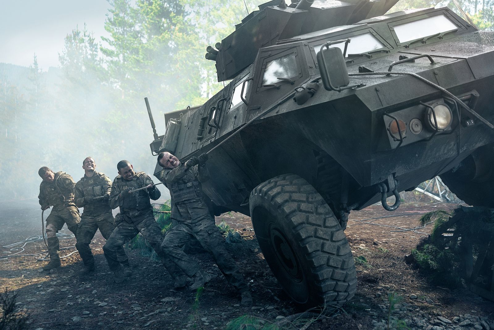 War Machine.  Alan Ritchson as 81 Blake Richardson as 15 Keiynan Lonsdale as 60 and Jack Patten as 109 in War Machine....
