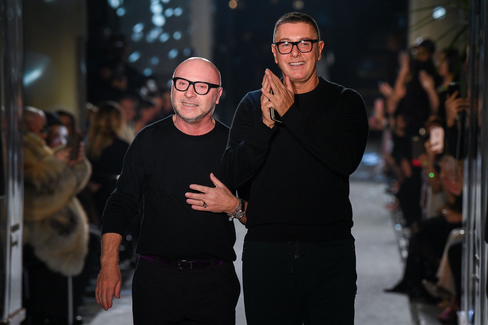 MILAN ITALY  FEBRUARY 24  Designer Domenico Dolce and Stefano Gabbana walk the runway at the Dolce  Gabbana show during...