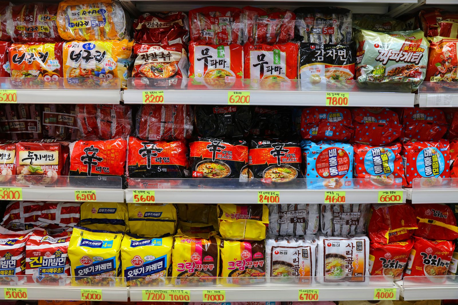 Ramen noodle instant packs choice in a grocery store in Seoul South Korea.
