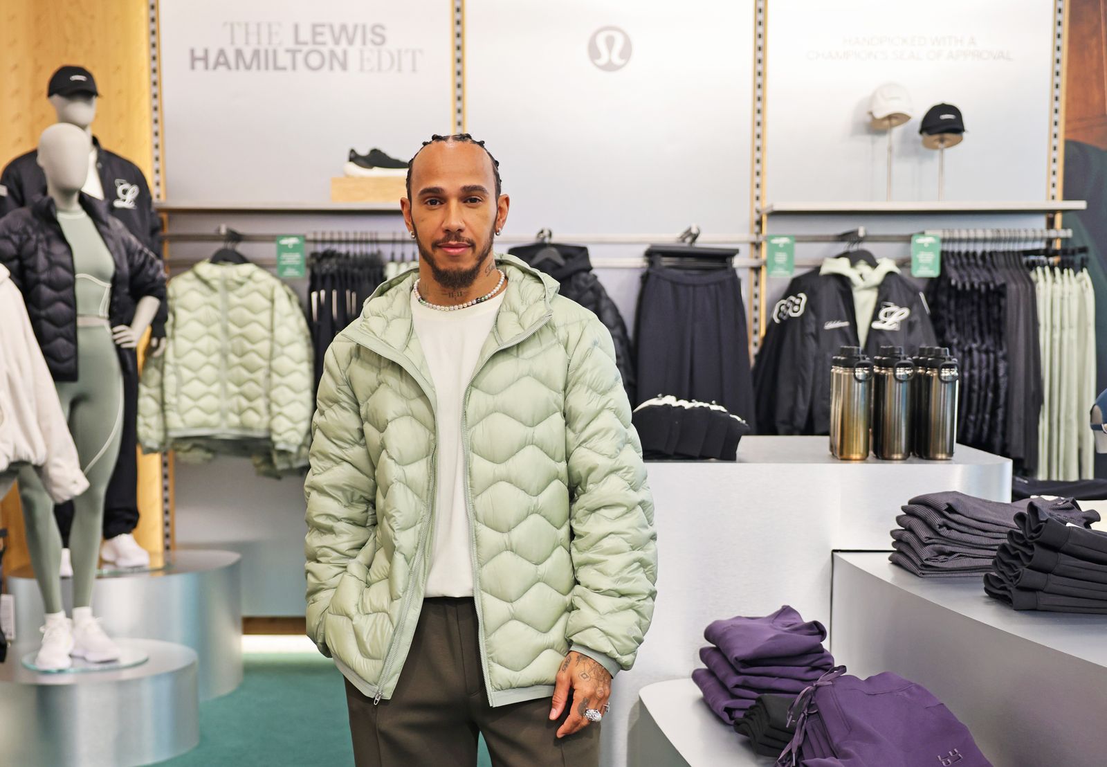 LONDON ENGLAND  DECEMBER 14 Lewis Hamilton unveils the Lewis Hamilton x lululemon curated capsule collection at...